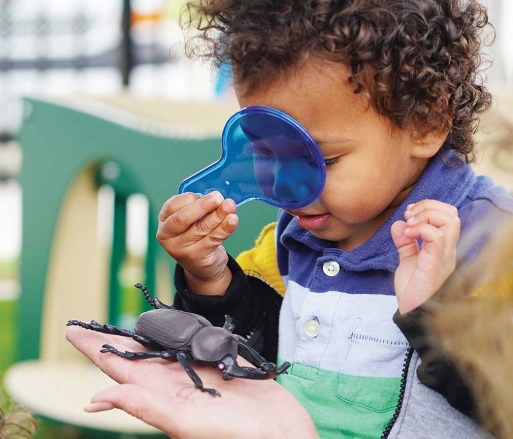 kid using a magnifying glass to study a beetle